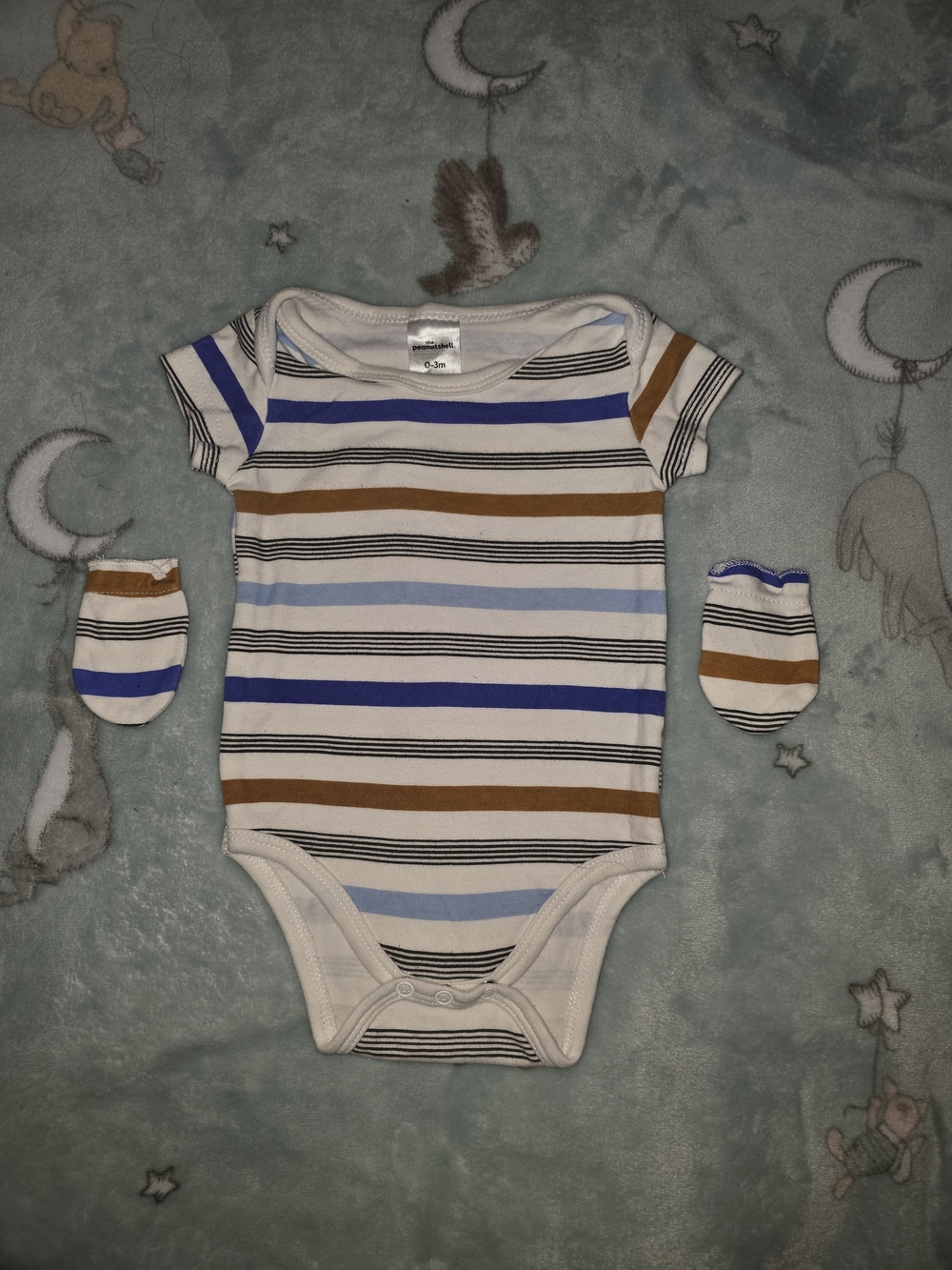 Striped Short-Sleeve Baby One-Piece With Matching Mittens 0-3 months